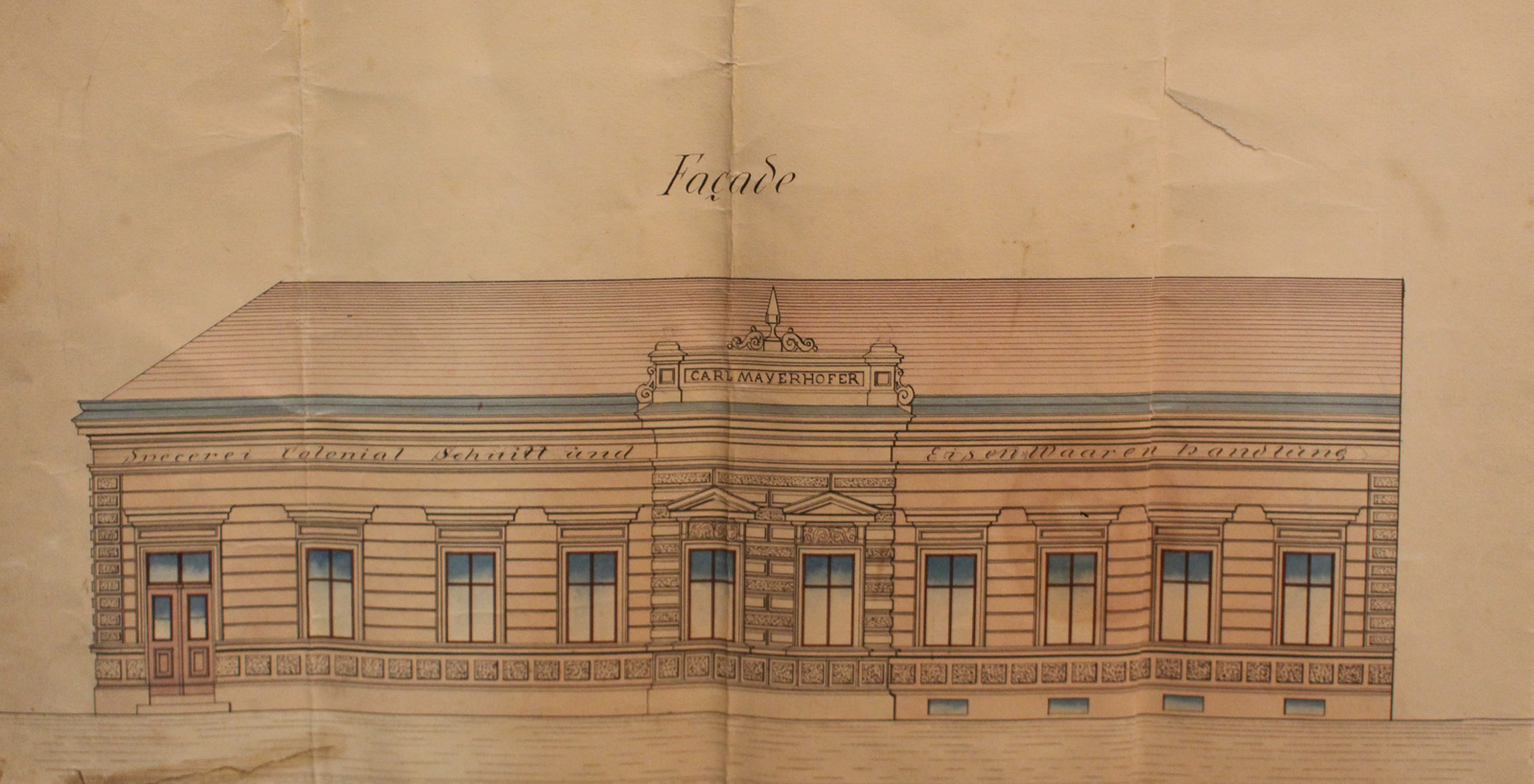 Ansicht der Fassade des Geschäftslokals Mayerhofer, seit 1919 Sitz des Spar- und Vorschussvereins Groß-Enzersdorf - Chronik Marchfelder Bank